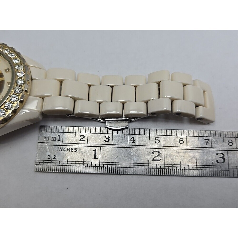 Womens Rare Adrienne Beige Ceramic Skeleton Crystal Bezel Manual Wind Watch - Picture 9 of 11